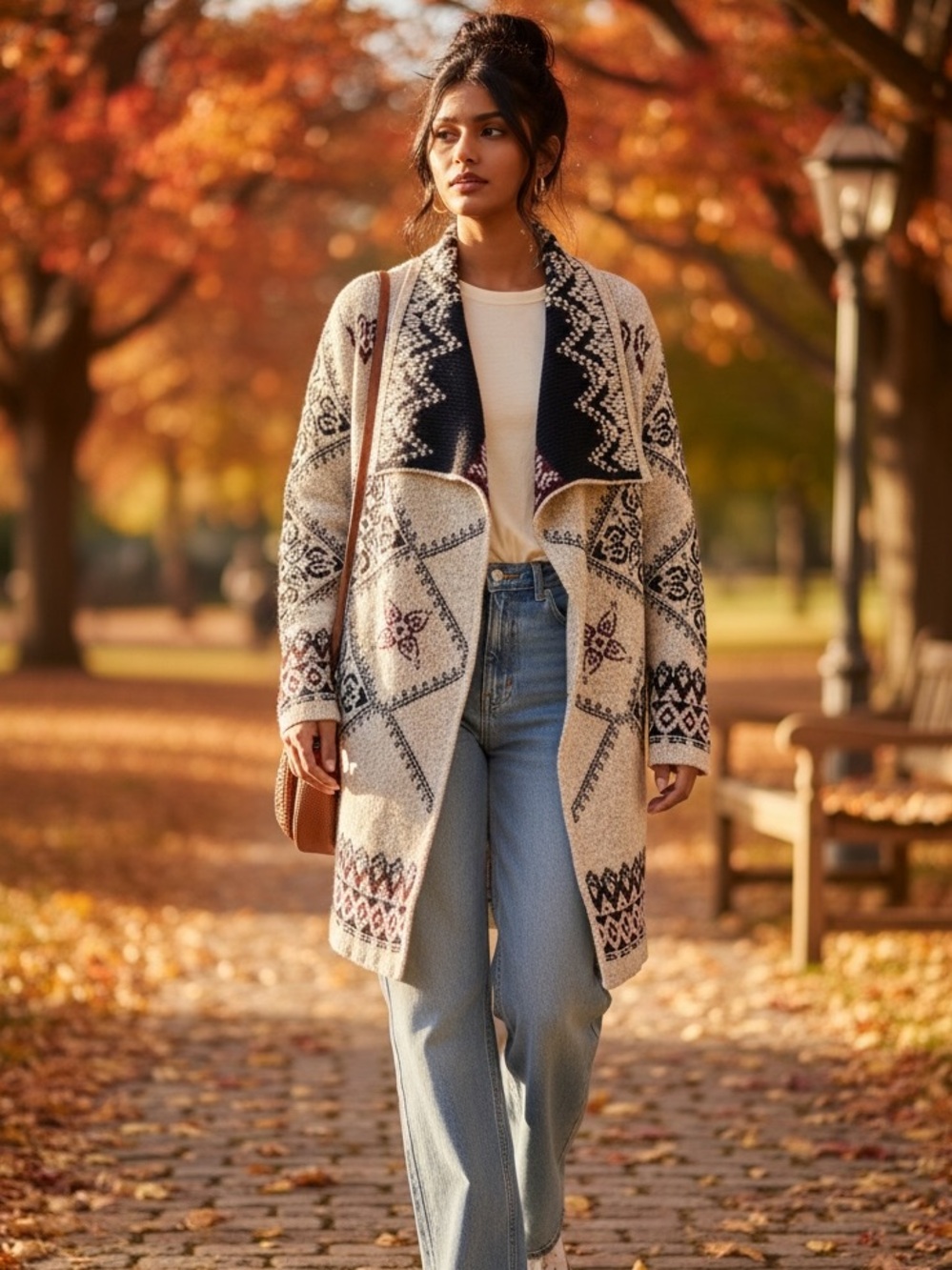 Kamana Fair Isle Sweater Coat Open Front Cardigan Boho Aztec Mandala Duster